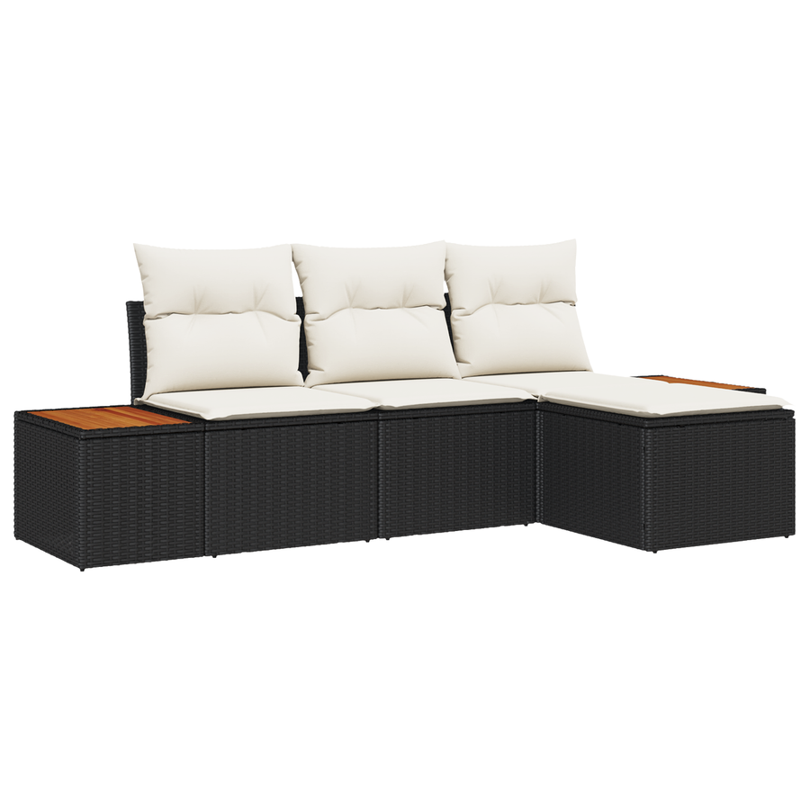4-delige Tuinset met Kussens Zwart Poly Rattan Acacia