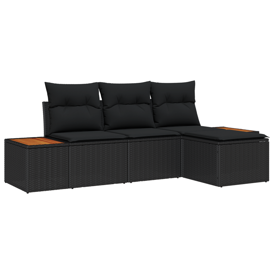 4-delige tuinbankset met kussens - zwart poly rattan en acacia