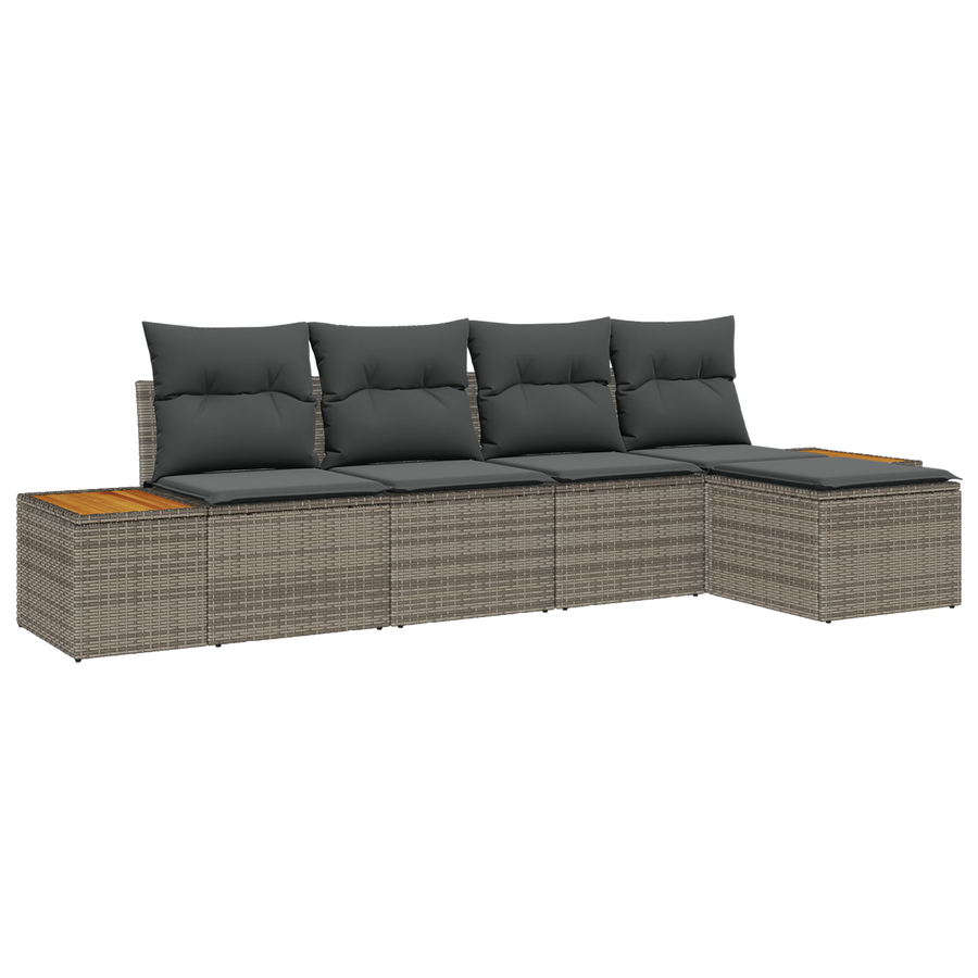5-delige tuinbankset met kussens - Grijs, poly rattan en acacia