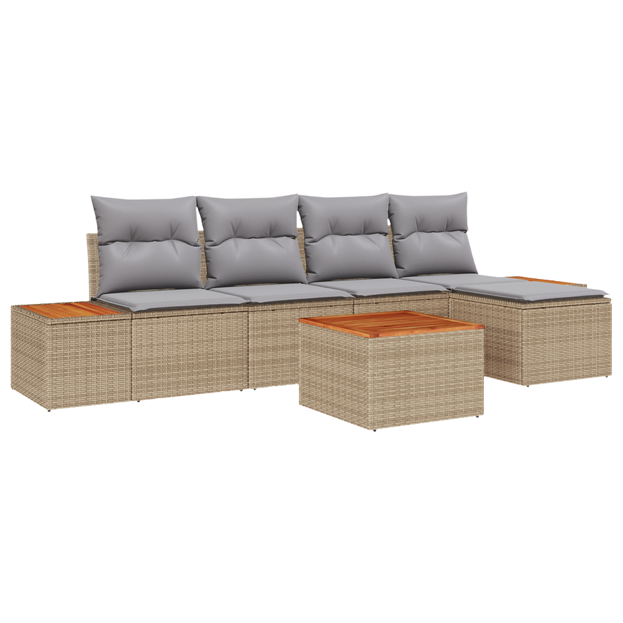 6-delige tuinmeubelset met kussens - Beige poly rattan acacia