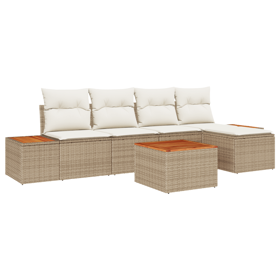 6-delige tuinset met kussens in beige poly rattan en acacia