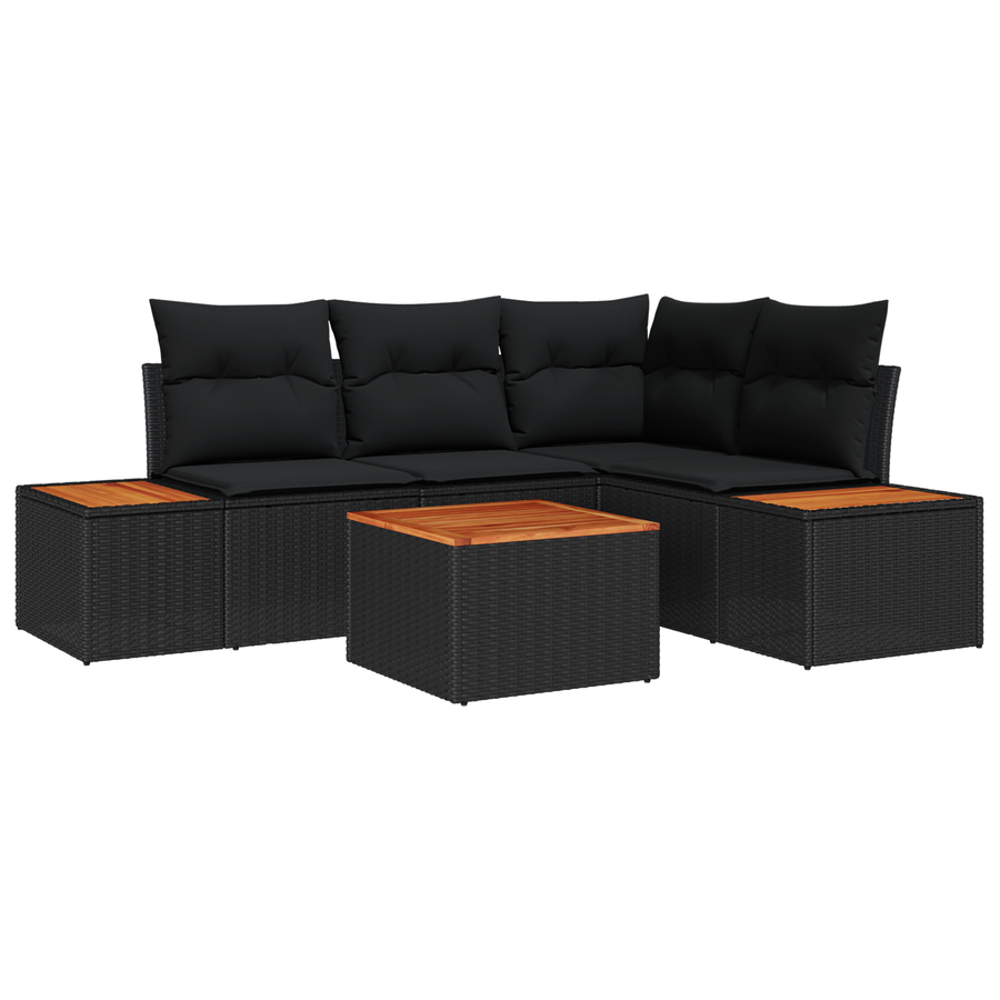 5-delige Tuinbankenset met kussens poly rattan acacia zwart
