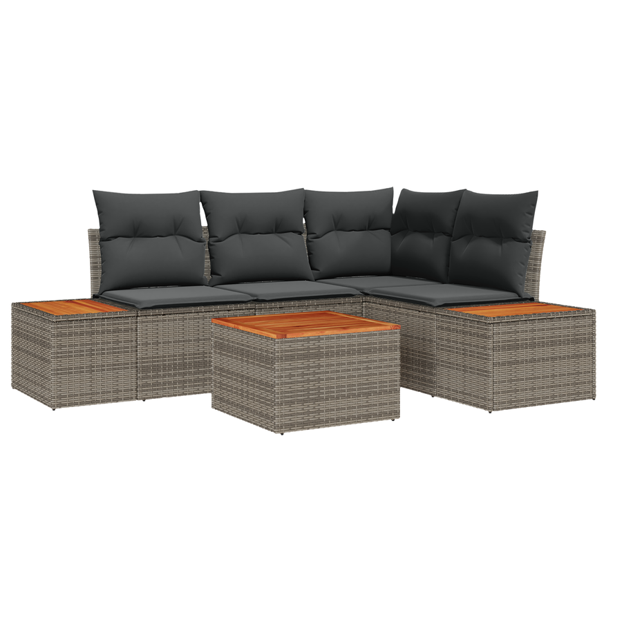 5-delige Tuinbankenset met kussens poly rattan acacia grijs