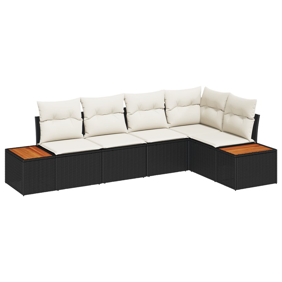5-delige Tuinbankenset met kussens poly rattan acacia zwart