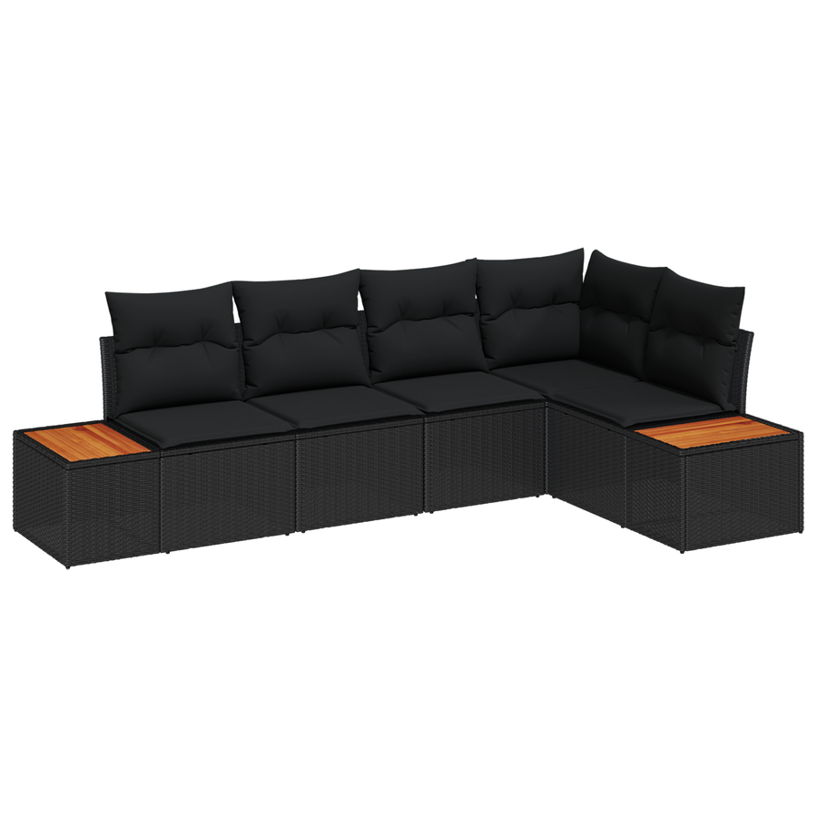 5-delige Tuinbankenset met kussens poly rattan acacia zwart