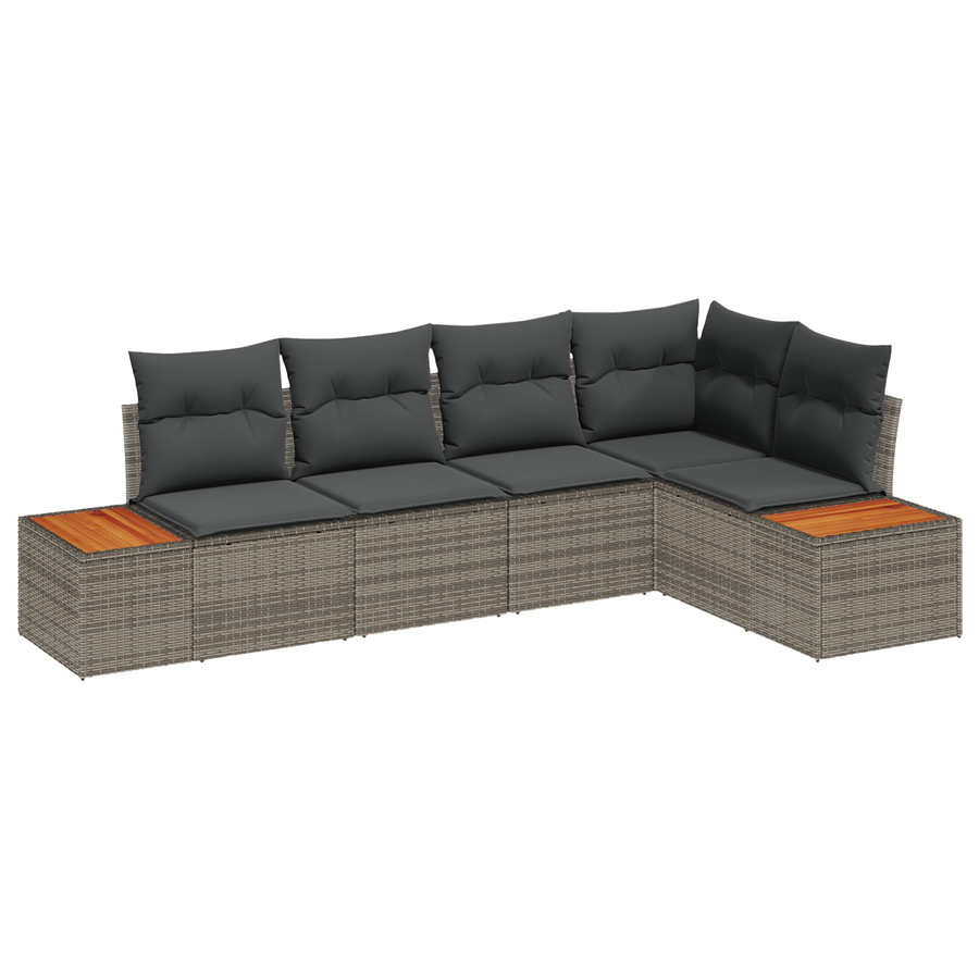 5-deligeTuinbankenset met kussens poly rattan acacia grijs