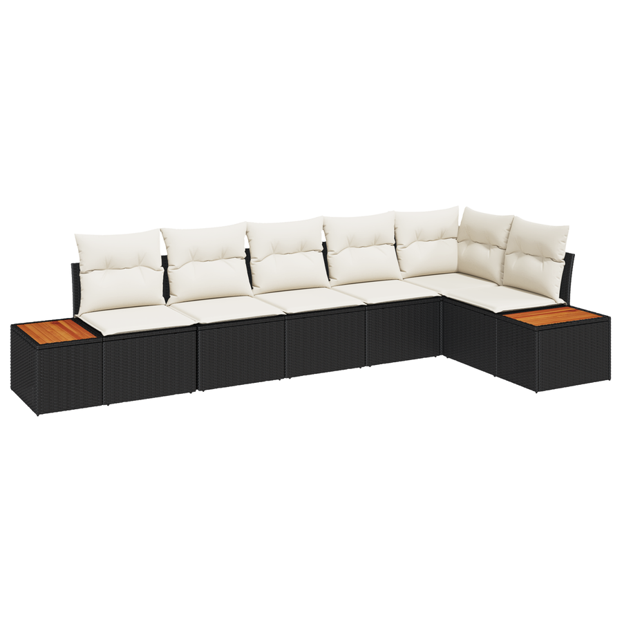 6-delige tuinset met kussens in zwart poly rattan en acacia