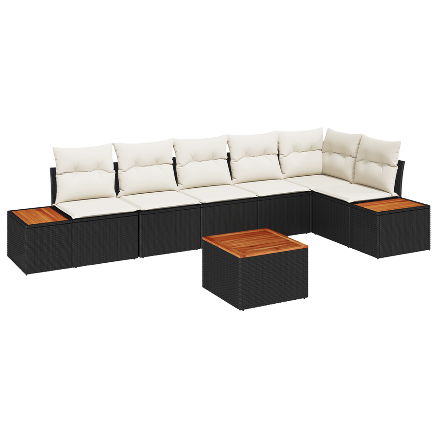 7-delige tuinset met kussens - zwart poly rattan en acacia