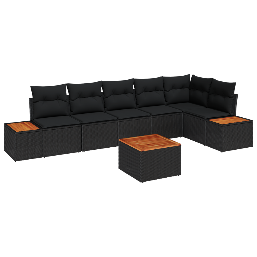 7-delige tuinset met kussens zwart poly rattan en acaciahout
