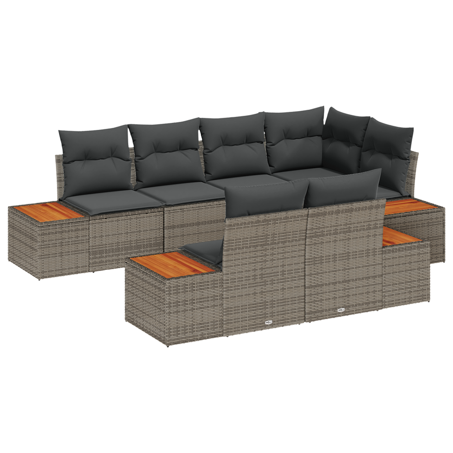 7-delige tuinset met kussens in grijs poly rattan en acacia
