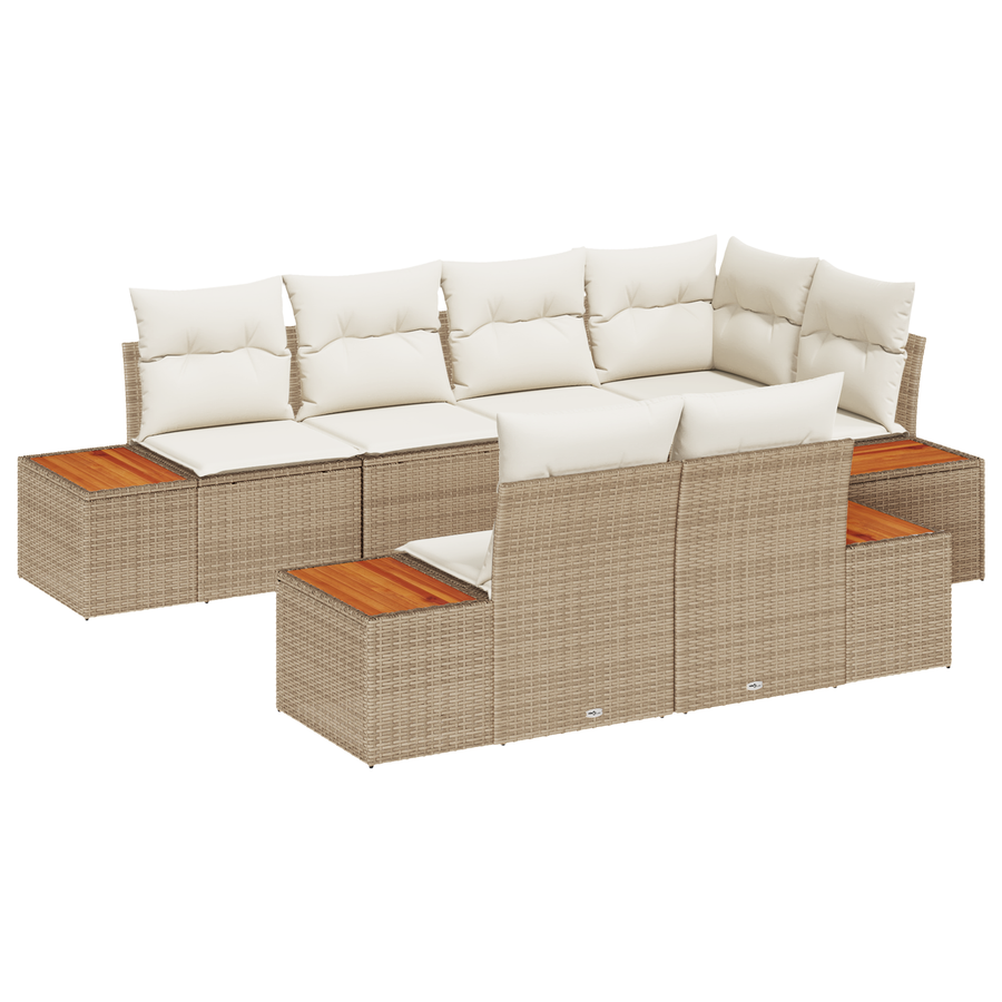 7-delige tuinset met kussens in beige poly rattan en acacia
