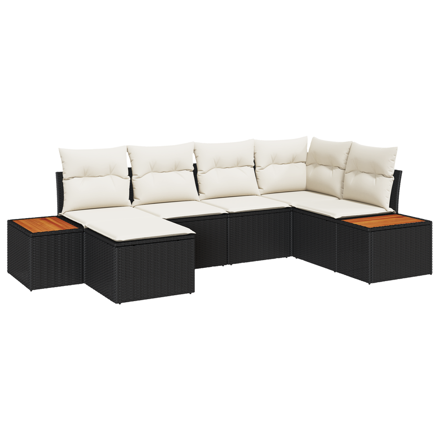 6-delige tuinset met kussens - Zwart Poly Rattan en Acacia