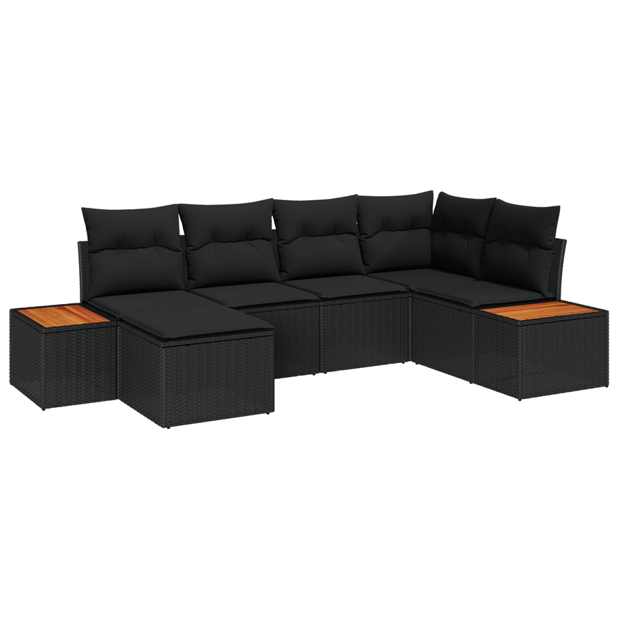 6-delige tuinbankset met kussens zwart poly rattan acacia