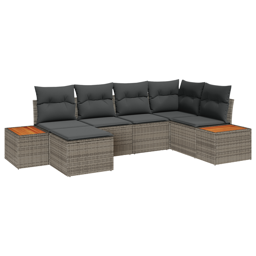 6-delige tuinbankset met kussens in de kleur grijs van poly rattan en acacia