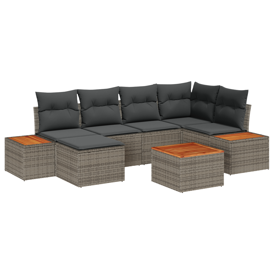 7-delige tuinsofa set met kussens in grijs poly rattan en acacia