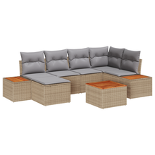 7-delige tuinset met kussens in beige poly rattan en acaciahout