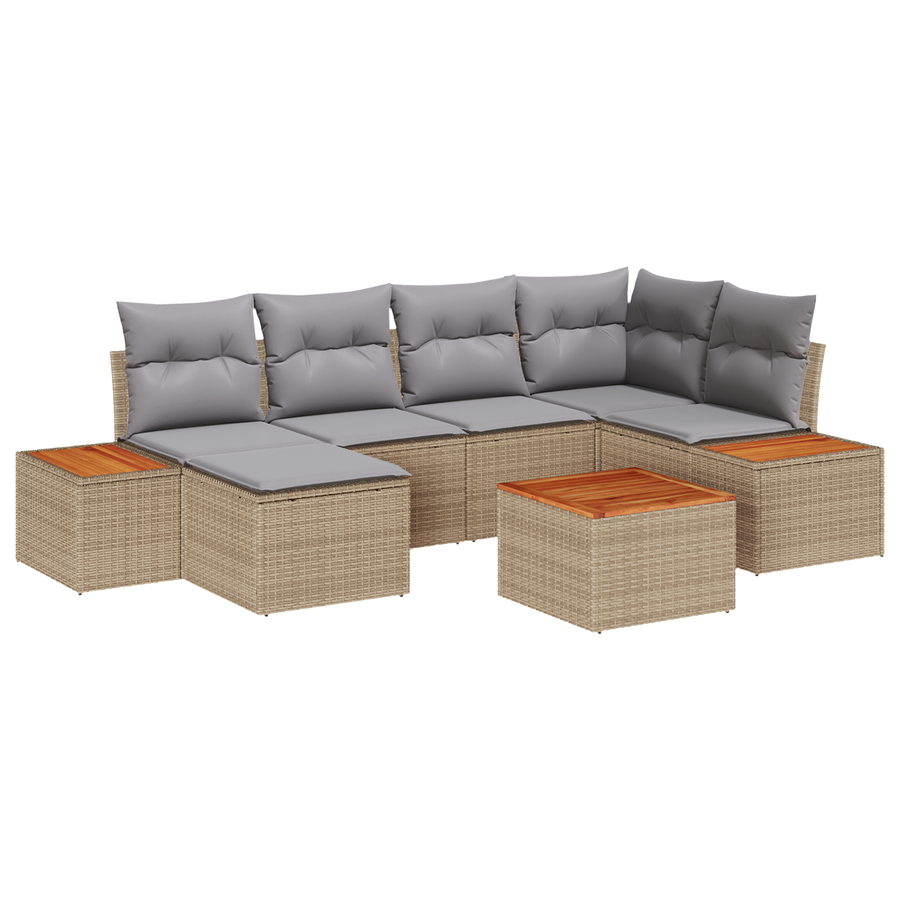 7-delige tuinset met kussens in beige poly rattan en acaciahout