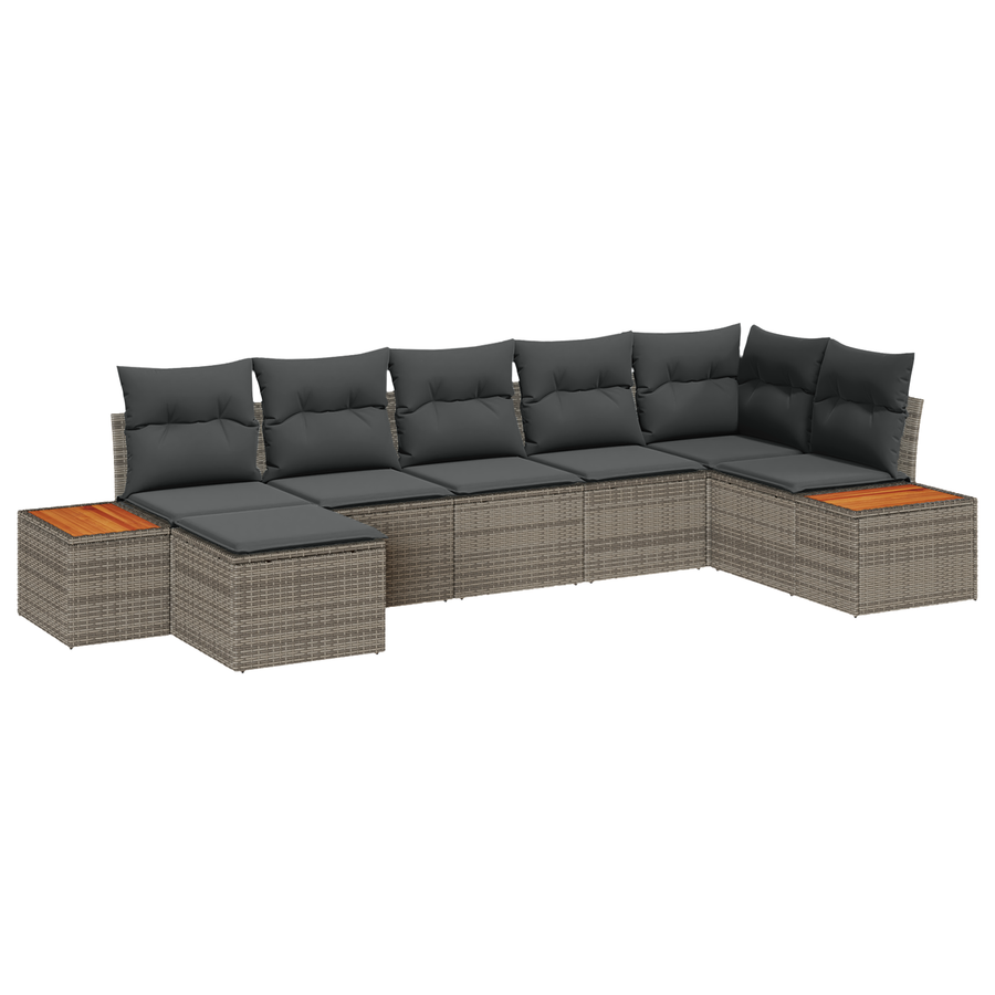 7-delige Tuinbankenset met kussens poly rattan acacia grijs