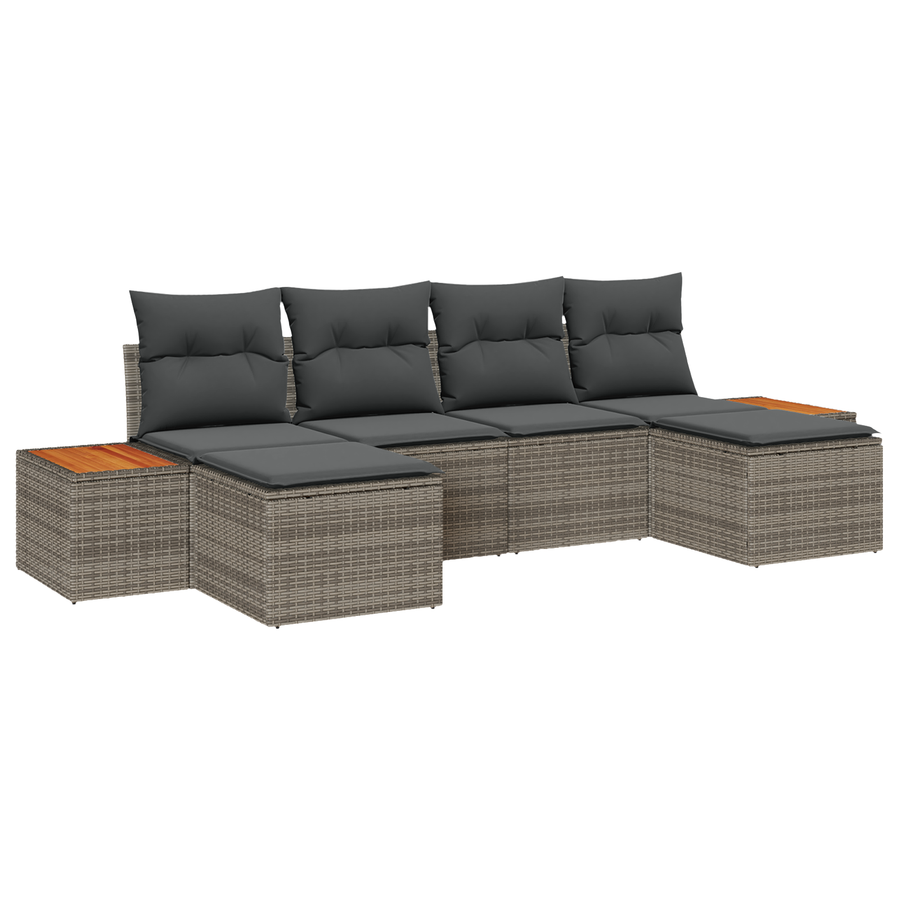 6-delige Tuinbankenset met kussens poly rattan acacia grijs