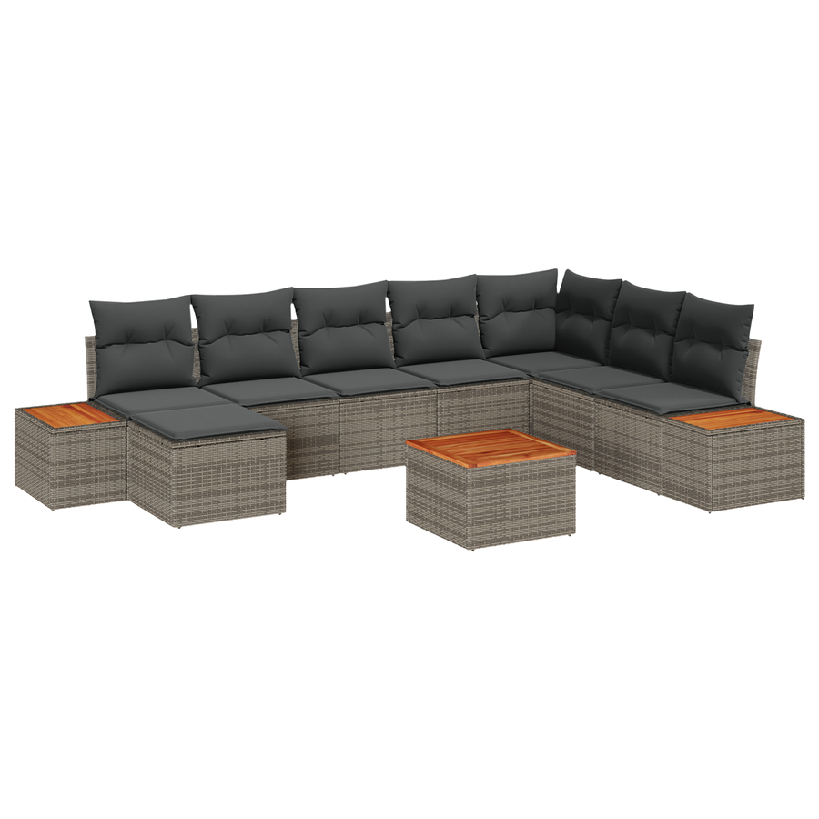 9-delige Tuinbankenset met kussens poly rattan acacia grijs