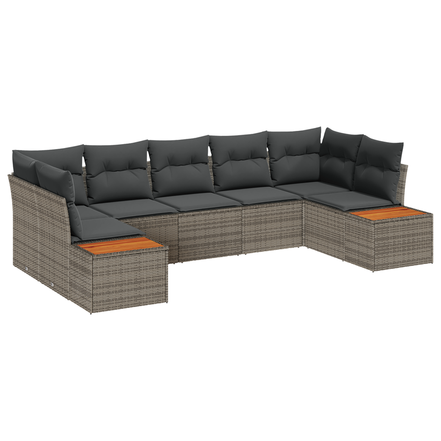 7-delige tuinset met kussens in grijs poly rattan en acacia