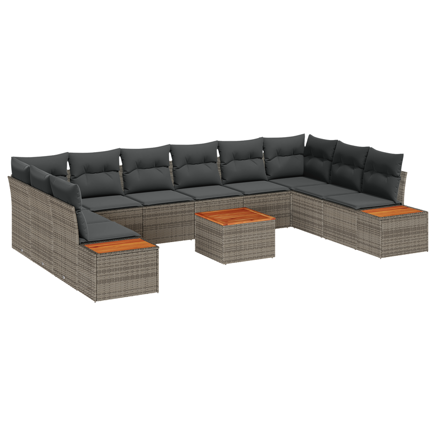 11-delige Tuinbankenset met kussens poly rattan acacia grijs
