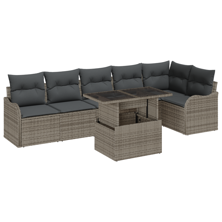 7-delige Tuinbankenset met kussens poly rattan grijs