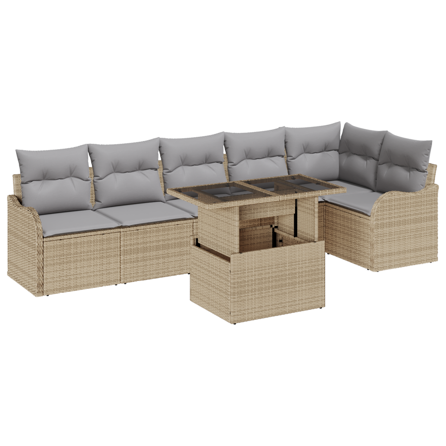 7-delige Tuinbankenset met kussens poly rattan beige