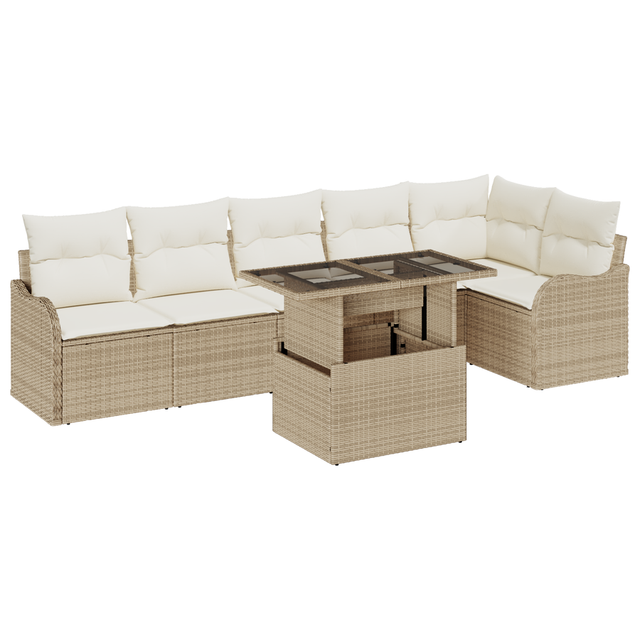 7-delige Tuinbankenset met kussens poly rattan beige