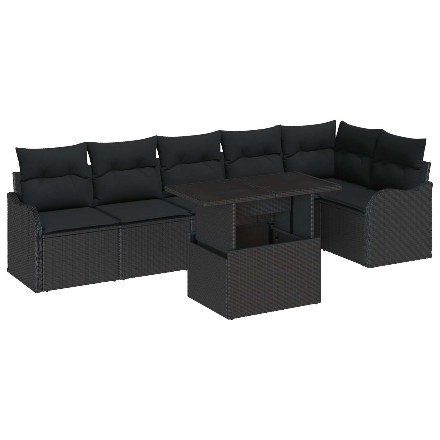 7-delige Tuinbankenset met kussens poly rattan zwart