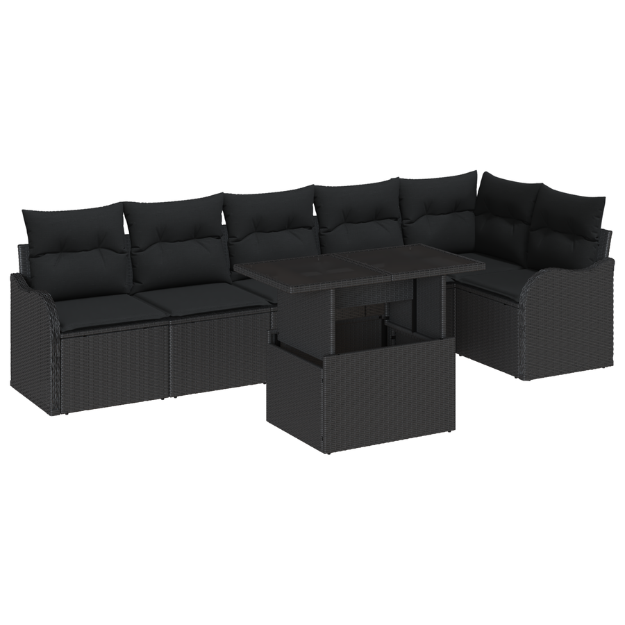 7-delige Tuinbankenset met kussens poly rattan zwart