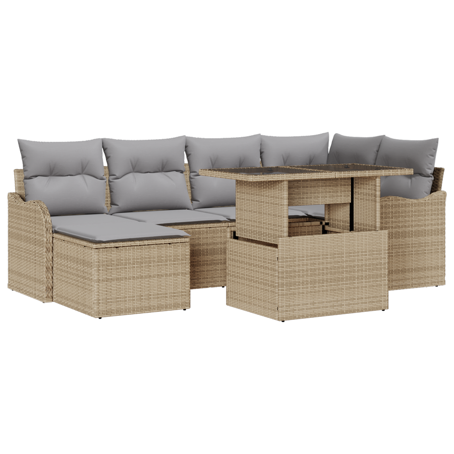 7-delige Tuinbankenset met kussens poly rattan beige