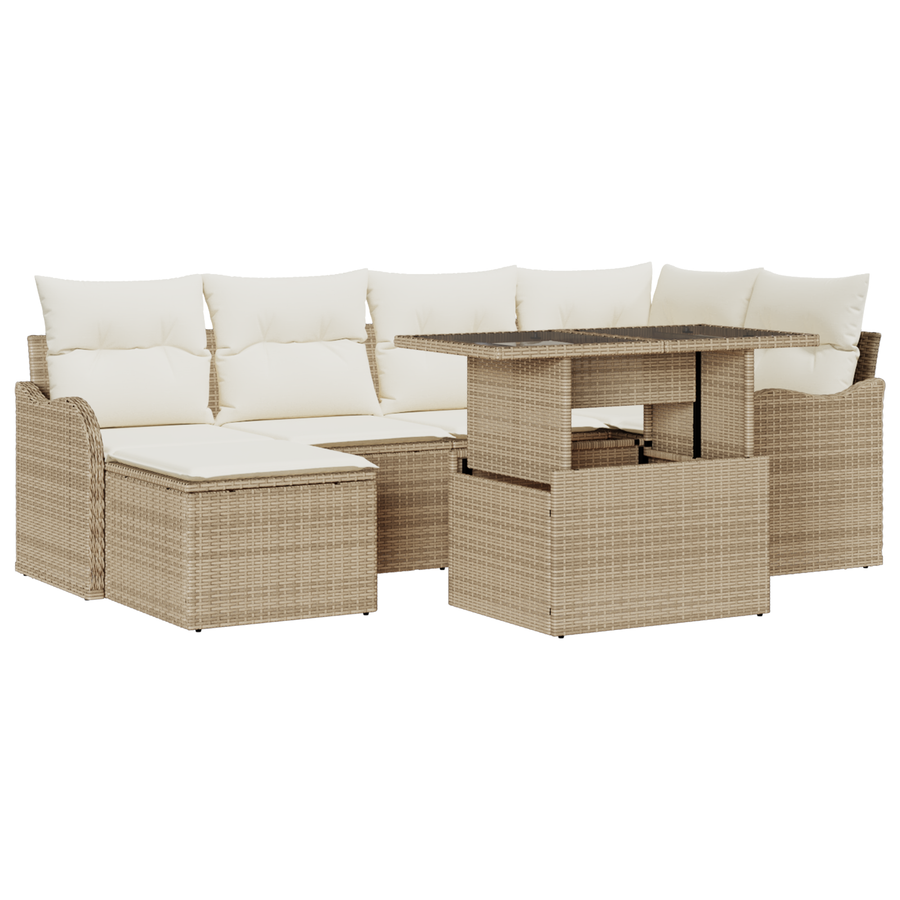7-delige Tuinbankenset met kussens poly rattan beige