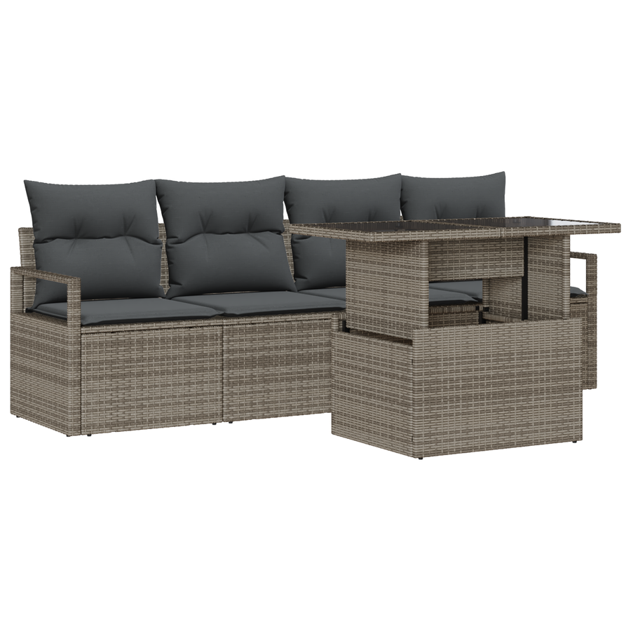 5-delige Tuinbankenset met kussens poly rattan grijs