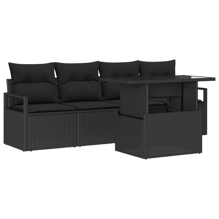 5-delige Tuinbankenset met kussens poly rattan zwart