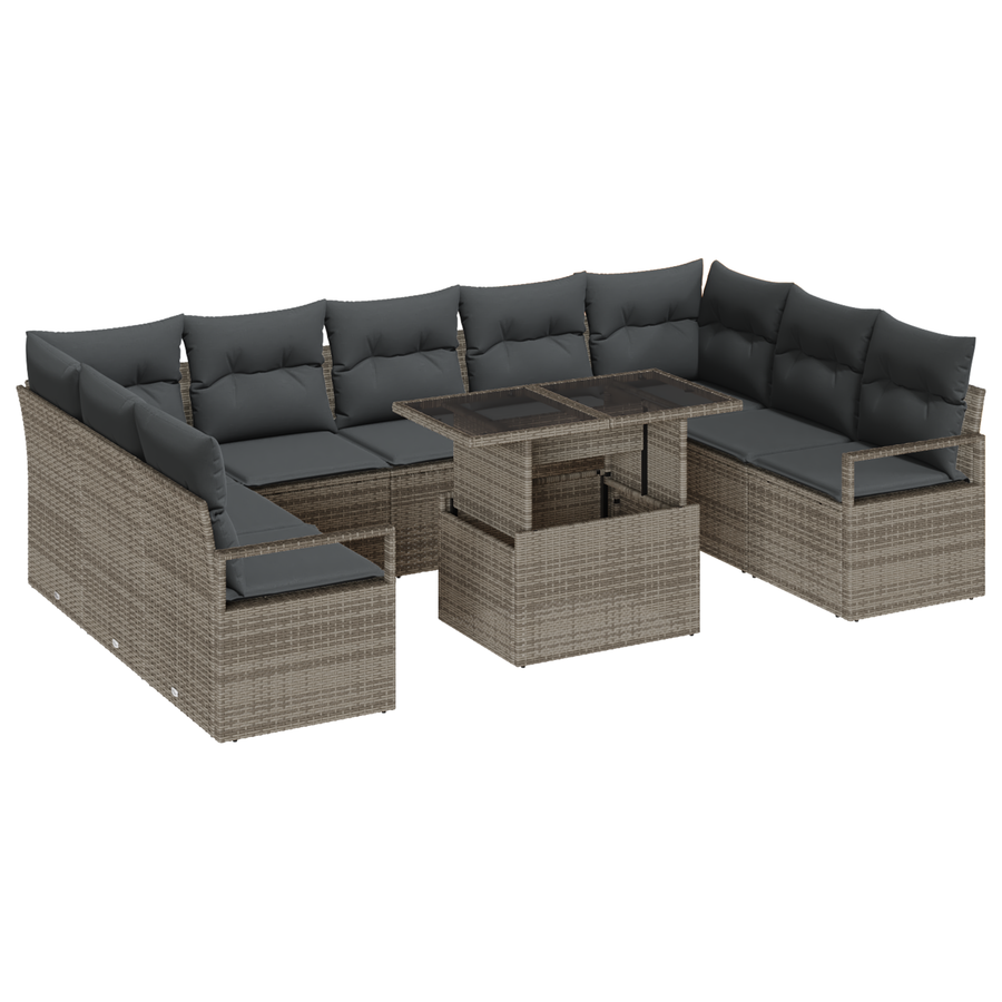 10-delige Tuinbankenset met kussens poly rattan grijs