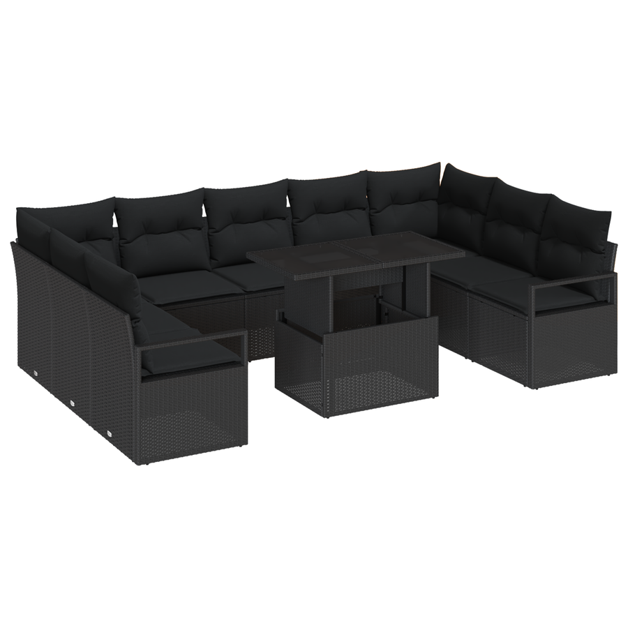 10-delige Tuinbankenset met kussens poly rattan zwart