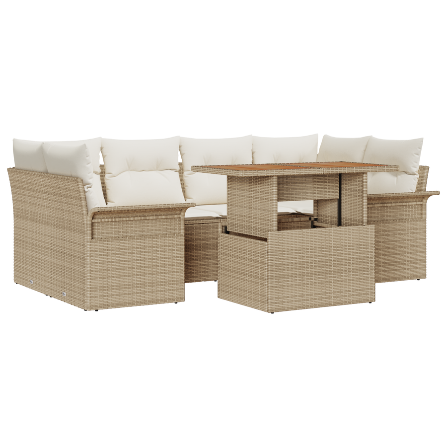 7-delige Tuinbankenset met kussens poly rattan beige