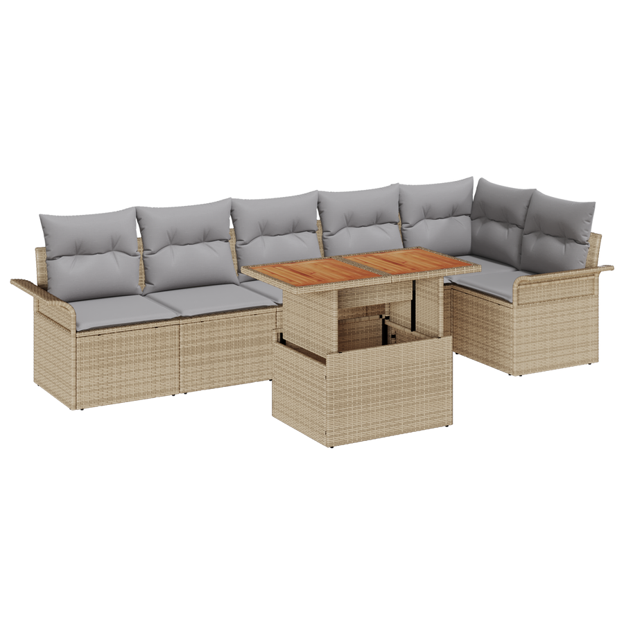 7-delige Tuinbankenset met kussens poly rattan beige