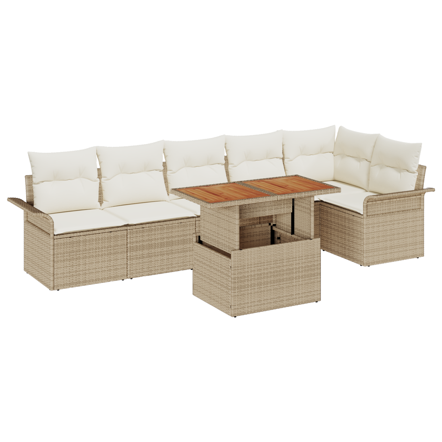 7-delige Tuinbankenset met kussens poly rattan beige