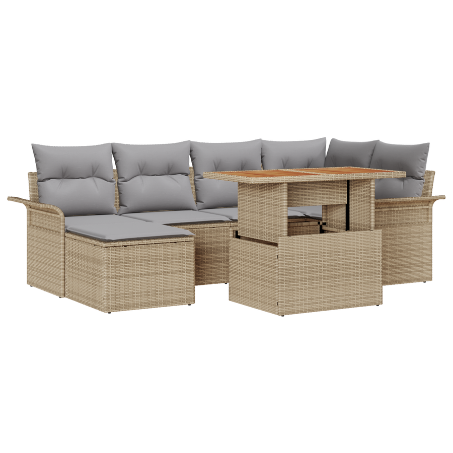 7-delige Tuinbankenset met kussens poly rattan beige