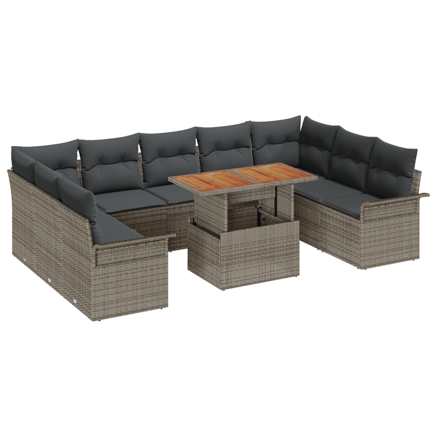 10-delige Tuinbankenset met kussens poly rattan grijs