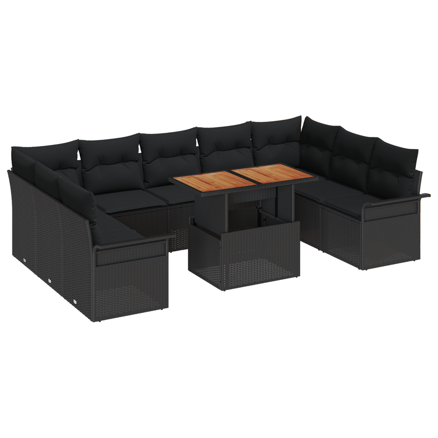10-delige Tuinbankenset met kussens poly rattan zwart