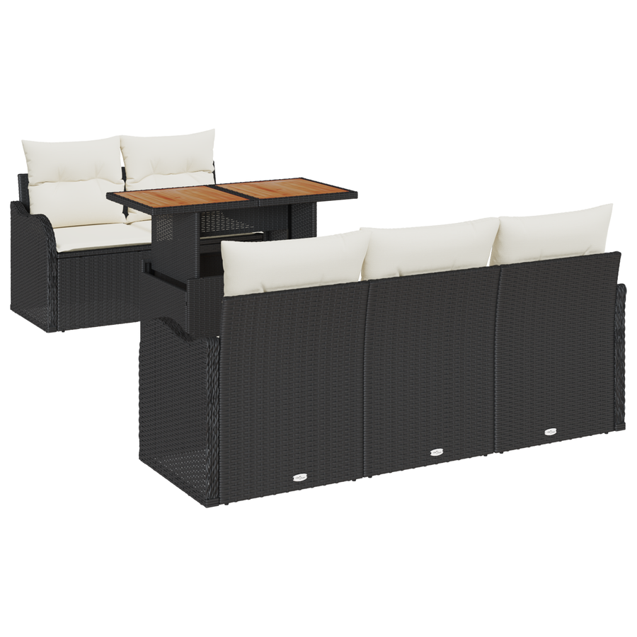 6-delige Tuinbankenset met kussens poly rattan zwart