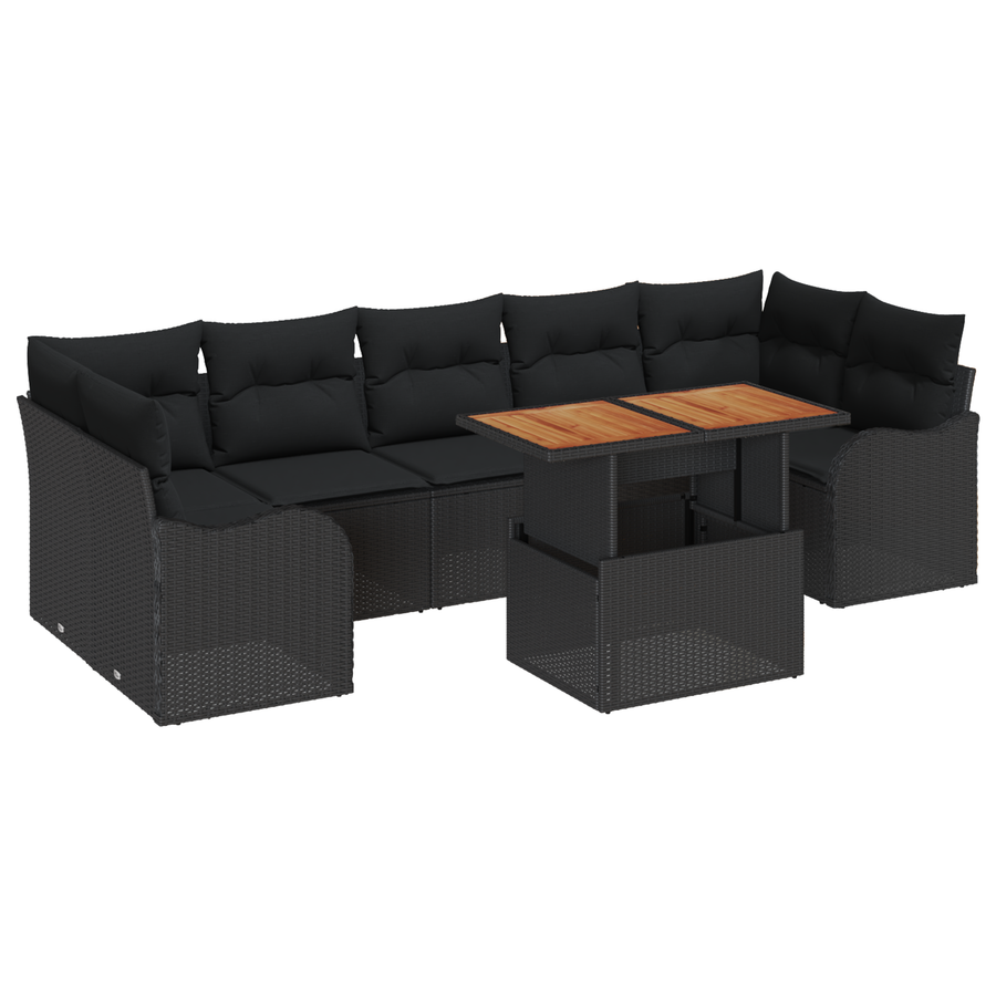 8-delige Tuinbankenset met kussens poly rattan zwart