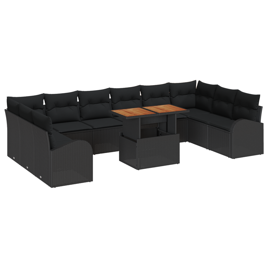 11-delige Tuinbankenset met kussens poly rattan zwart