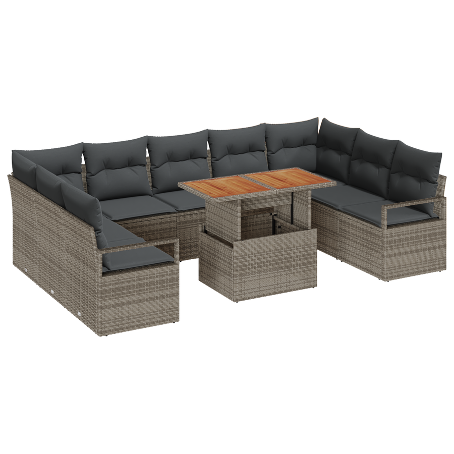 10-delige Tuinbankenset met kussens poly rattan grijs
