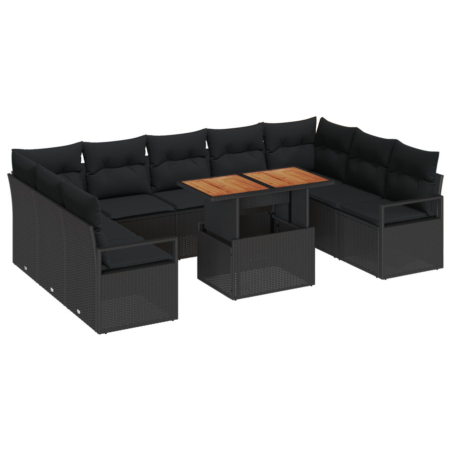 10-delige Tuinbankenset met kussens poly rattan zwart