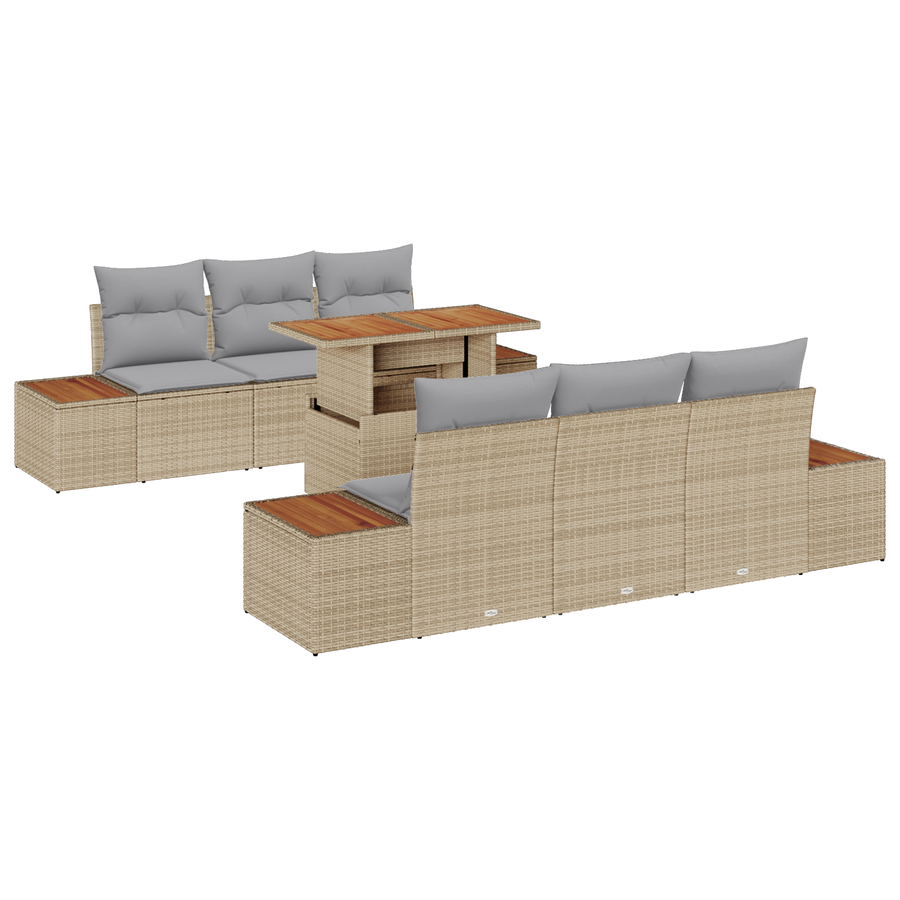 7-delige tuinset met kussens in beige poly rattan