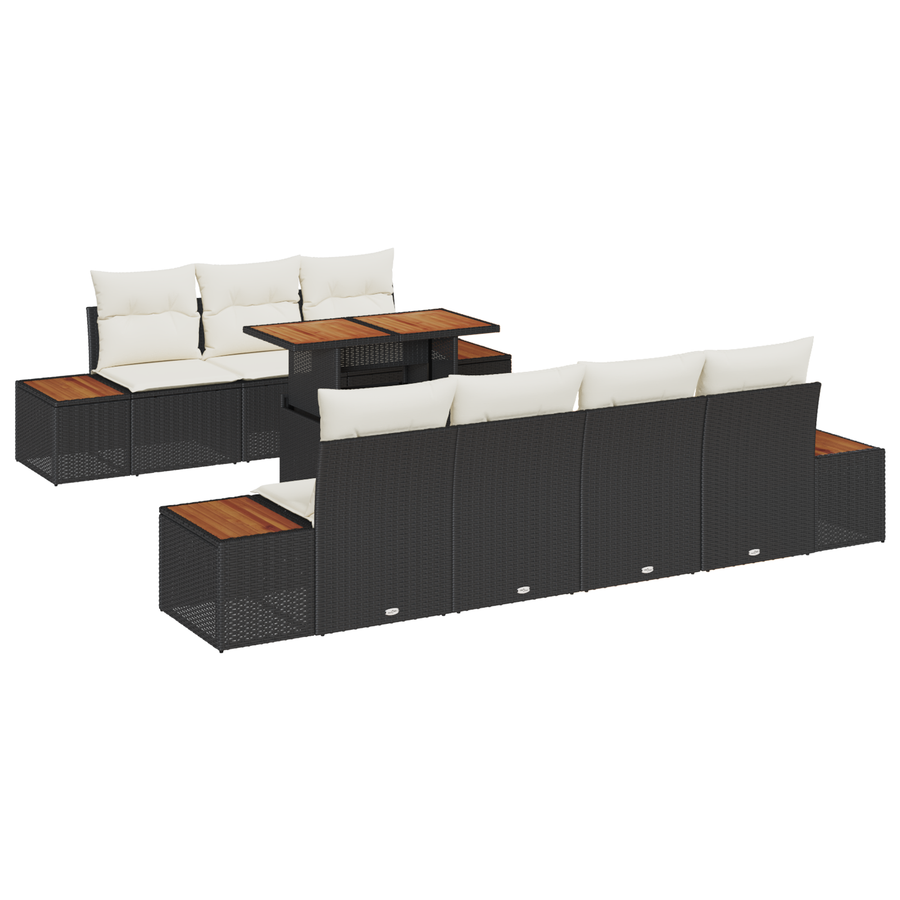 8-delige tuinset met kussens in zwart poly rattan